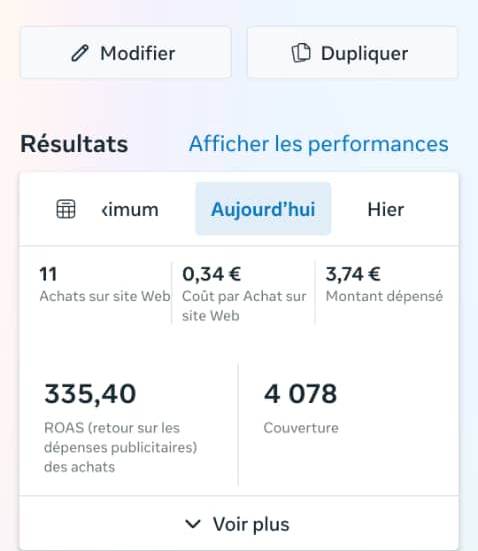 لوحة إعلانات Meta: 11 كوموند، 0,34 € للكوموند، ROAS 335,40